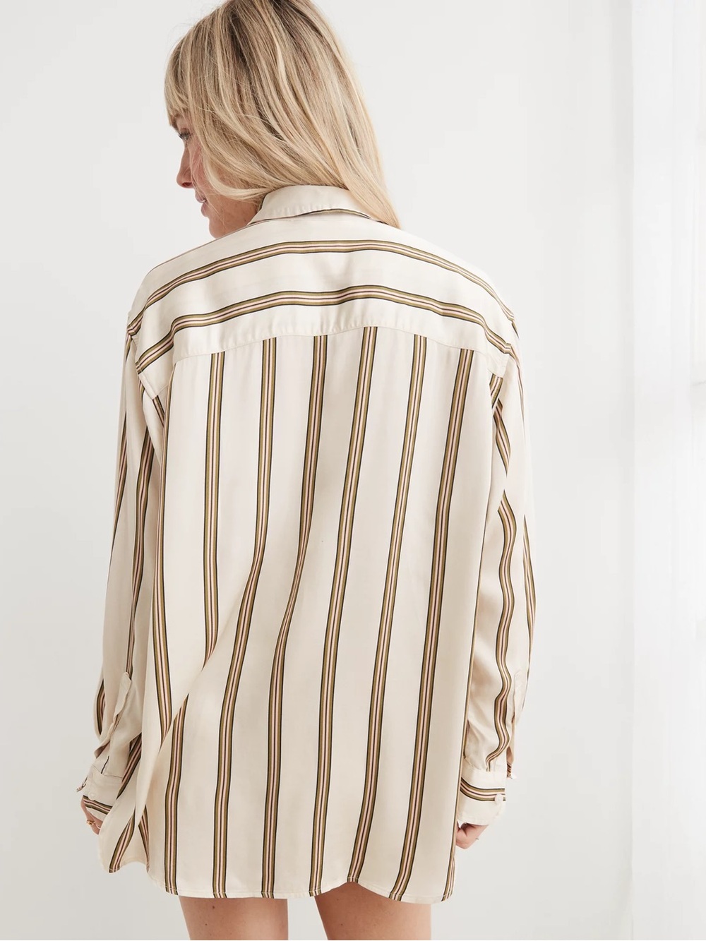 aerie Cream & Olive Striped Long Sleeve Satin PJ-To-Party Button Shirt sz Large - Picture 4 of 10